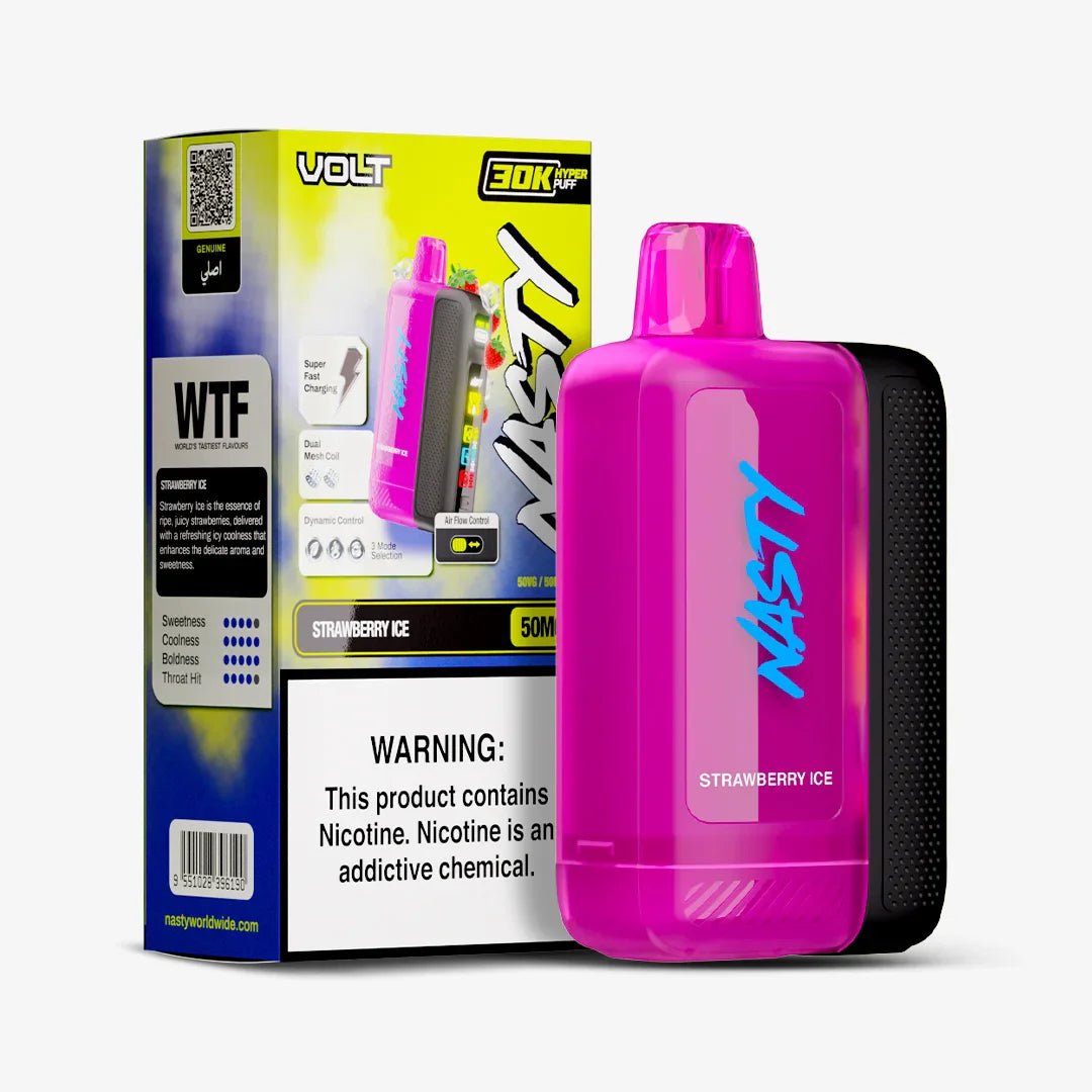 Nasty Volt 30k strawberry ice 5% disposable vape device with pink and white design, featuring a sleek, compact shape and fruity flavor.