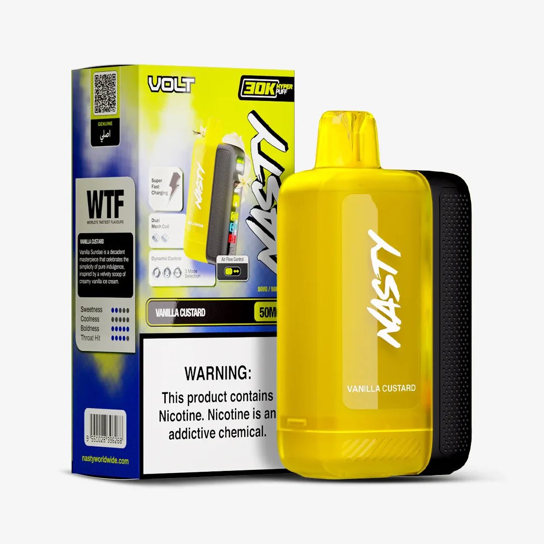 Nasty Volt 30k vanilla custard flavored e-liquid bottle with label, 5% nicotine, designed for vaping.