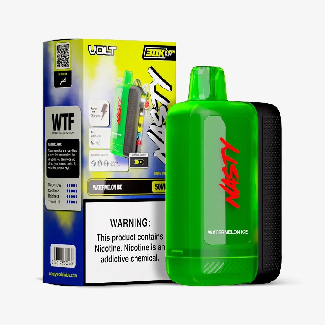 Nasty Volt 30k Watermelon Ice disposable vape device with watermelon and icy flavor design.