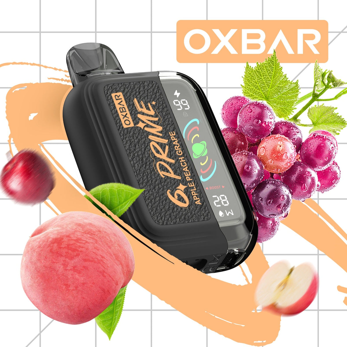 Oxbar GPrime 25k Apple Peach Grape 5% disposable vape pen with colorful packaging and sleek design.