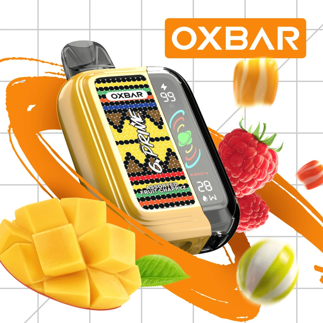 Oxbar GPrime 25k Assorted Fruit Chappyz vape pod by Flavour World SA, showing colorful fruit flavor packaging.