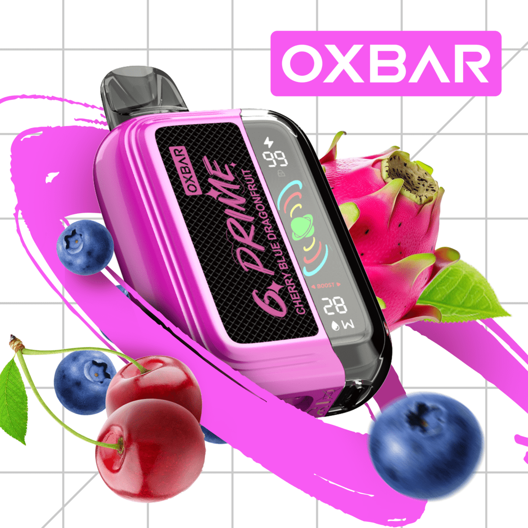 Oxbar GPrime 25k disposable vape in Cherry Blue Dragonfruit flavor by Flavour World SA, showing the sleek design and vibrant packaging.