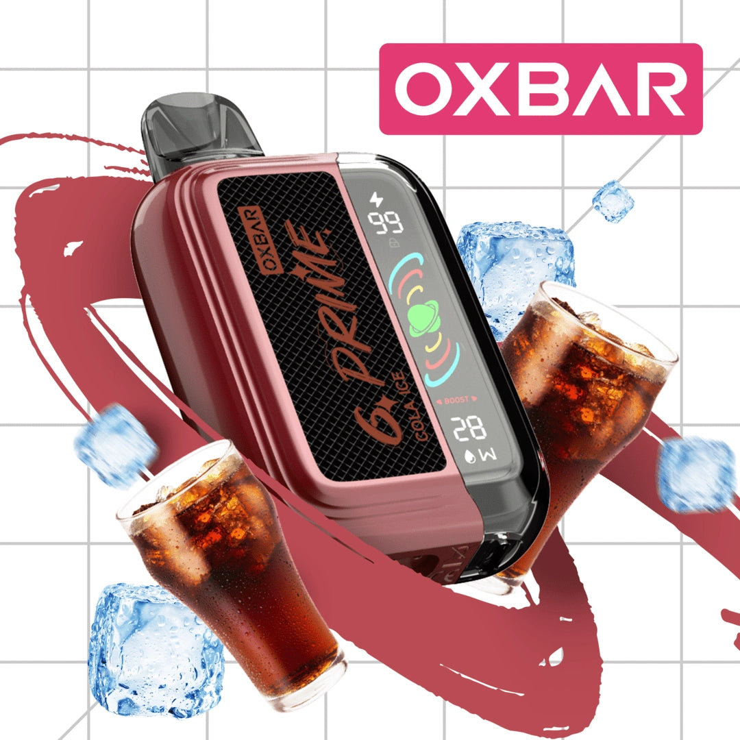 Oxbar GPrime 25k Cola Ice 5% vape pod by Flavour World SA, showing the sleek black pod with Cola Ice flavor branding.