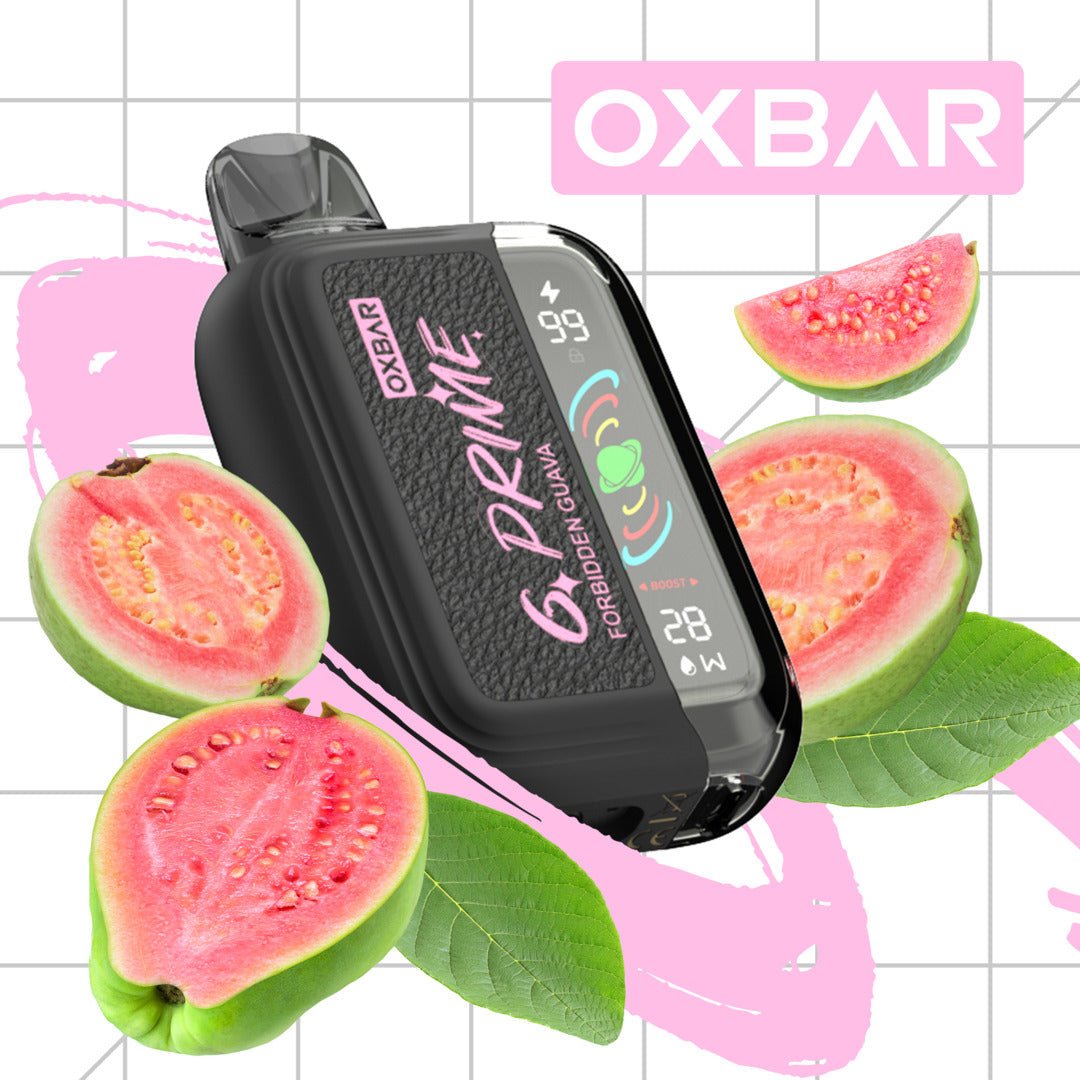 Oxbar GPrime 25k Forbidden Guava 5% vape cartridge with colorful packaging and branding visible in the image.