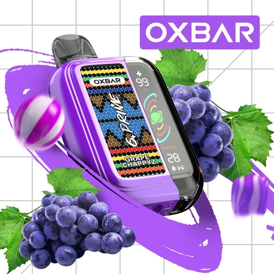 Oxbar GPrime 25k Grape Chappyz 5% disposable vape device by Flavour World SA showing the purple grape flavor and sleek design.
