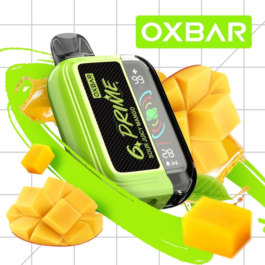 Oxbar GPrime 25k Juicy Mango 5% vape cartridge showing the orange and yellow label with branding and flavor details.