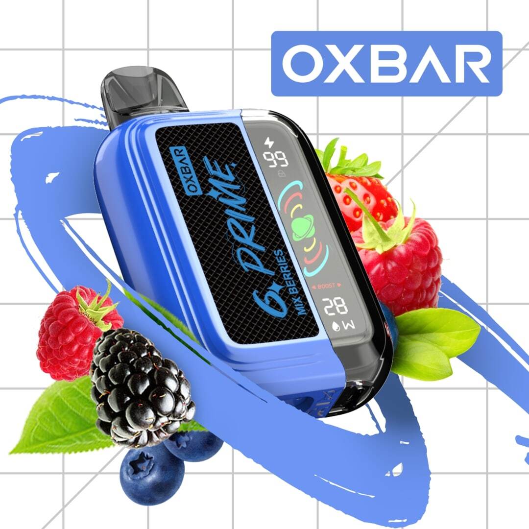 Oxbar GPrime 25k Mix Berries 5% flavored vape pod by Flavour World SA, showing the berry-themed packaging and vape device.