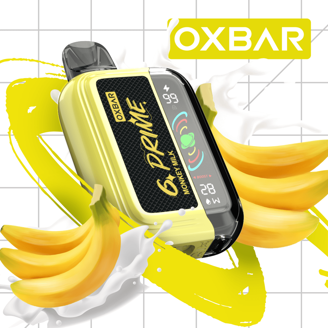 Oxbar GPrime 25k vape juice bottle with Monkey Milk 5% flavor from Flavour World SA, showing the product label and packaging.