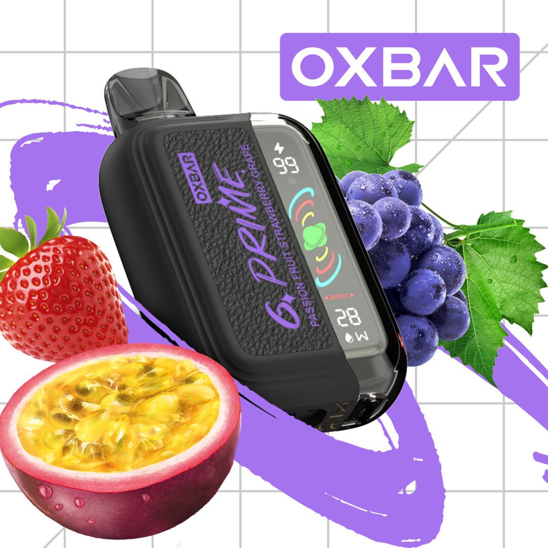 Oxbar GPrime 25k Passionfruit, Strawberry, Grape 5% vape pod with colorful fruit flavor blend and sleek design.