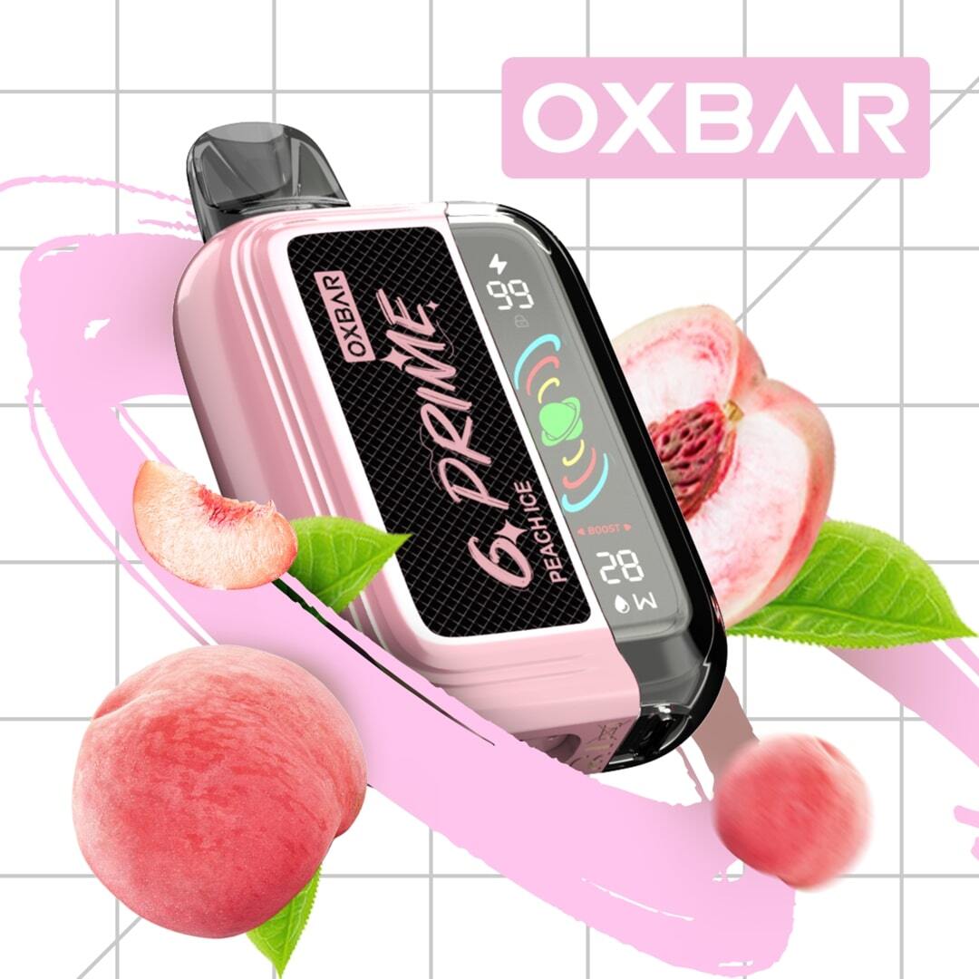Oxbar GPrime 25k Peach Ice 5% disposable vape device from Flavour World SA, featuring a peach and icy flavor profile.