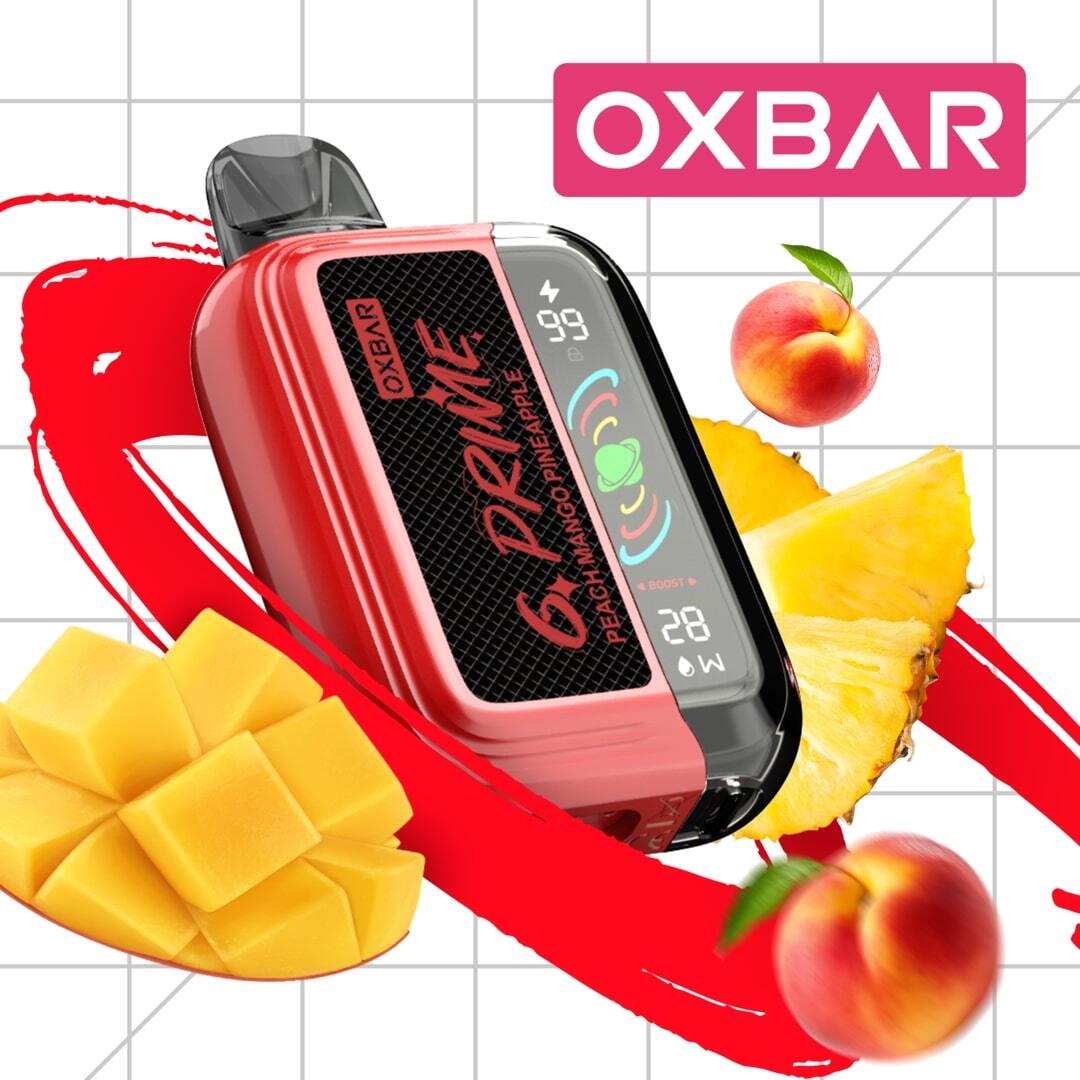 Oxbar GPrime 25k Peach Mango Pineapple 5% vape device from Flavour World SA, showcasing the colorful flavor packaging.