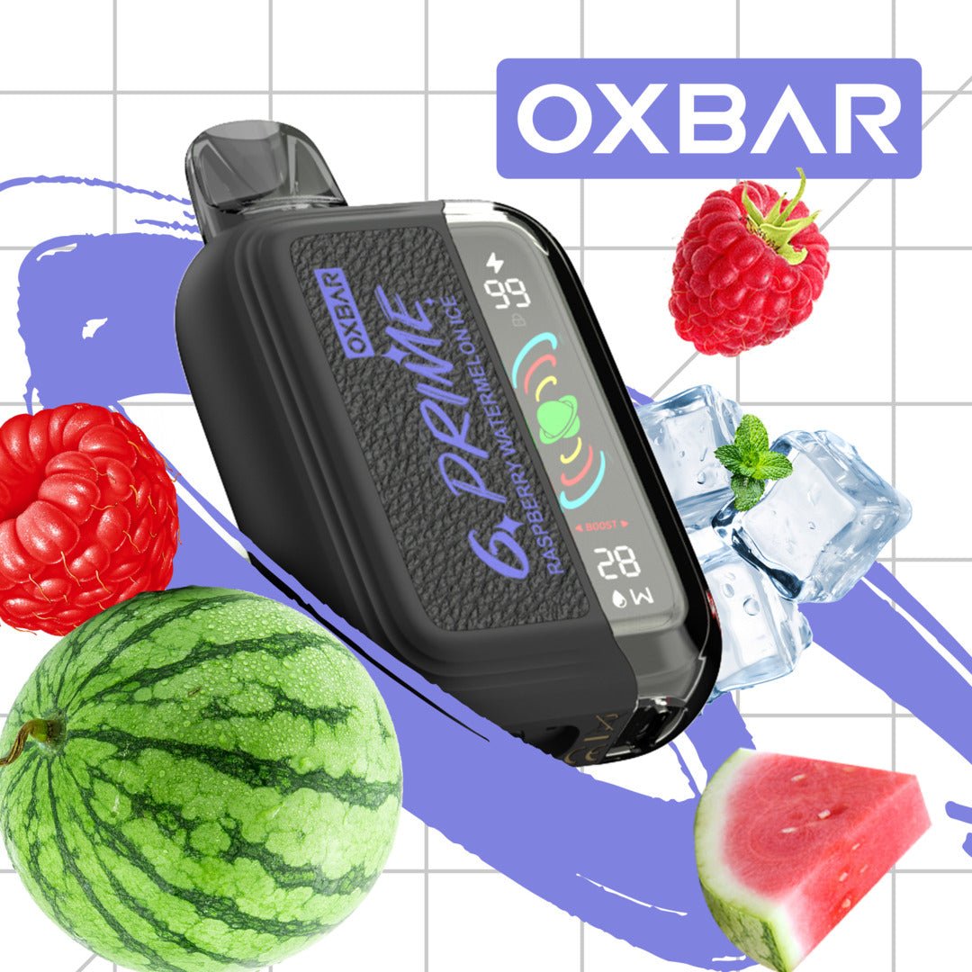 Oxbar GPrime 25k e-liquid bottle with Raspberry Watermelon Ice flavor, featuring sleek packaging and vibrant fruit imagery.