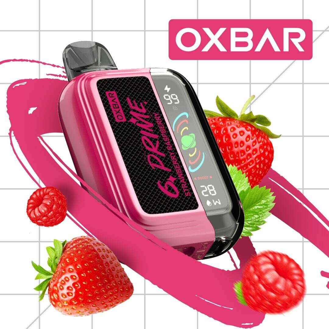 Oxbar GPrime 25k vape device in Strawberry Raspberry flavor, showcasing the sleek design and vibrant packaging.