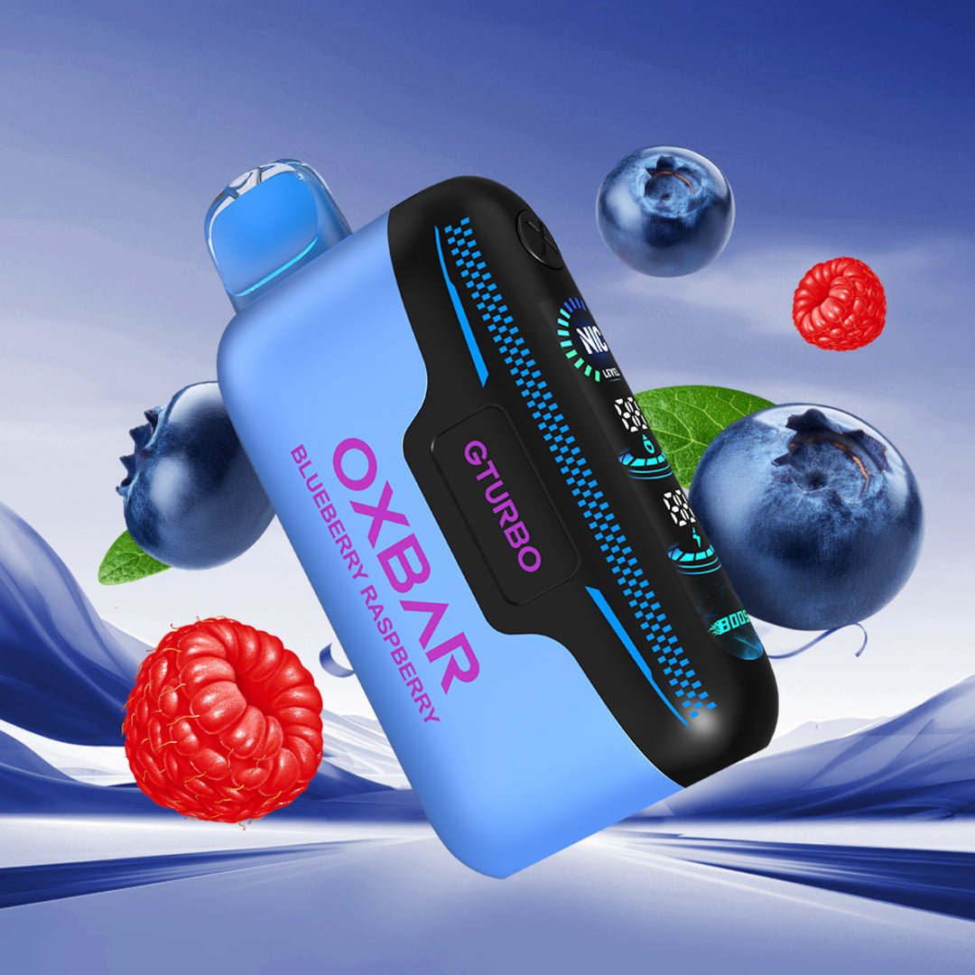 Oxbar Gturbo 36K vape pen with blueberry raspberry flavor and adjustable nicotine levels, featuring a sleek design.