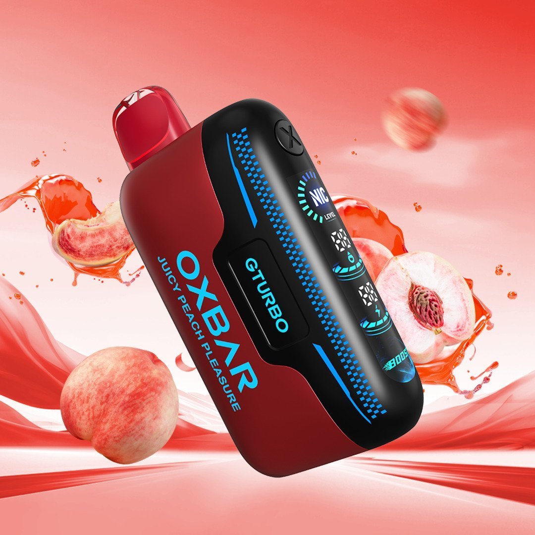 Oxbar GTURBO 36K Juicy Peach disposable vape with adjustable nicotine, featuring a peach flavor and sleek design.