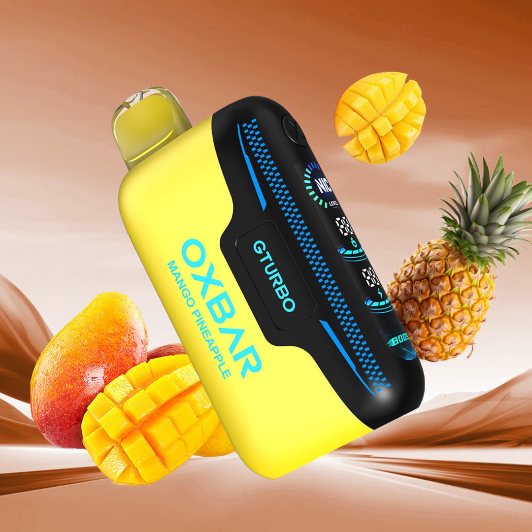 Oxbar Gturbo 36K Mango Pineapple nicotine vape with adjustable nicotine levels, featuring colorful fruit flavor packaging.