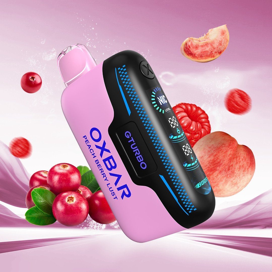 Oxbar Gturbo 36K Peach Berry Lust disposable vape with adjustable nicotine, featuring colorful peach and berry flavor.