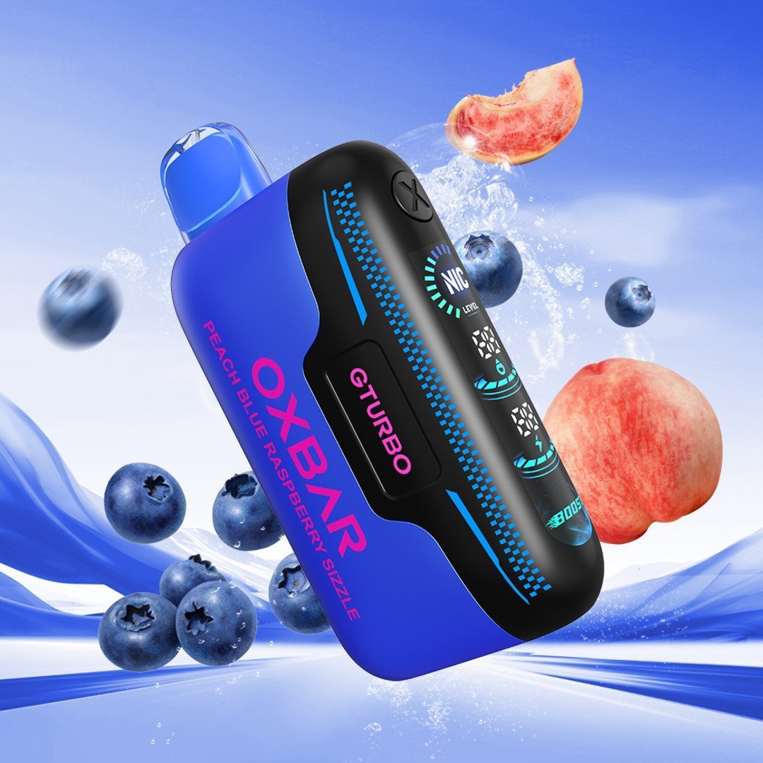 Oxbar Gturbo 36K Peach Blue Raspberry Sizzle nicotine vape device with adjustable settings, featuring a sleek design and colorful branding.