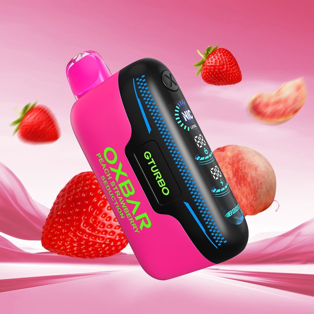 Oxbar Gturbo 36K nicotine vape device with Peach Strawberry Seduction flavor, featuring adjustable nicotine settings.
