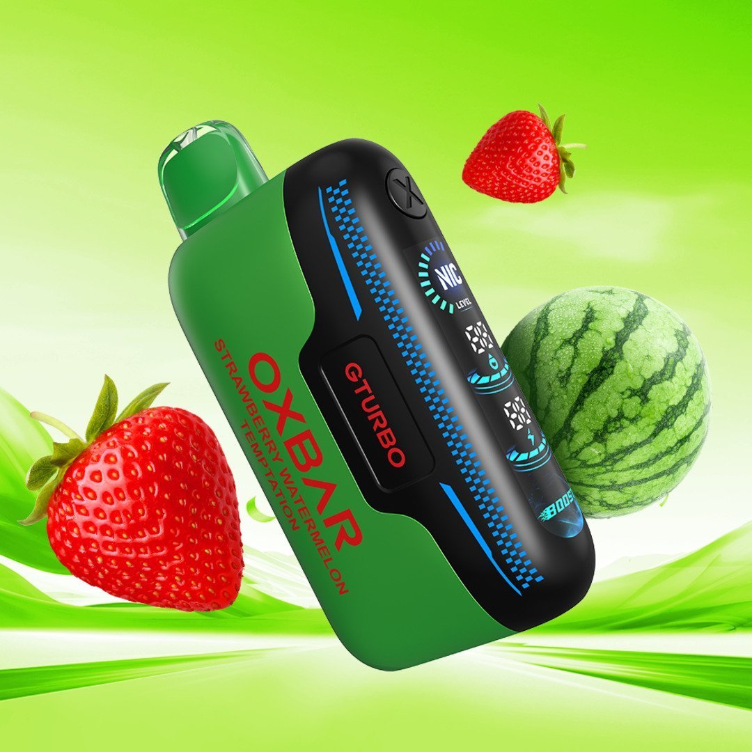 Oxbar Gturbo 36K Strawberry Watermelon Temptation vape device with adjustable nicotine, featuring vibrant strawberry and watermelon flavor.