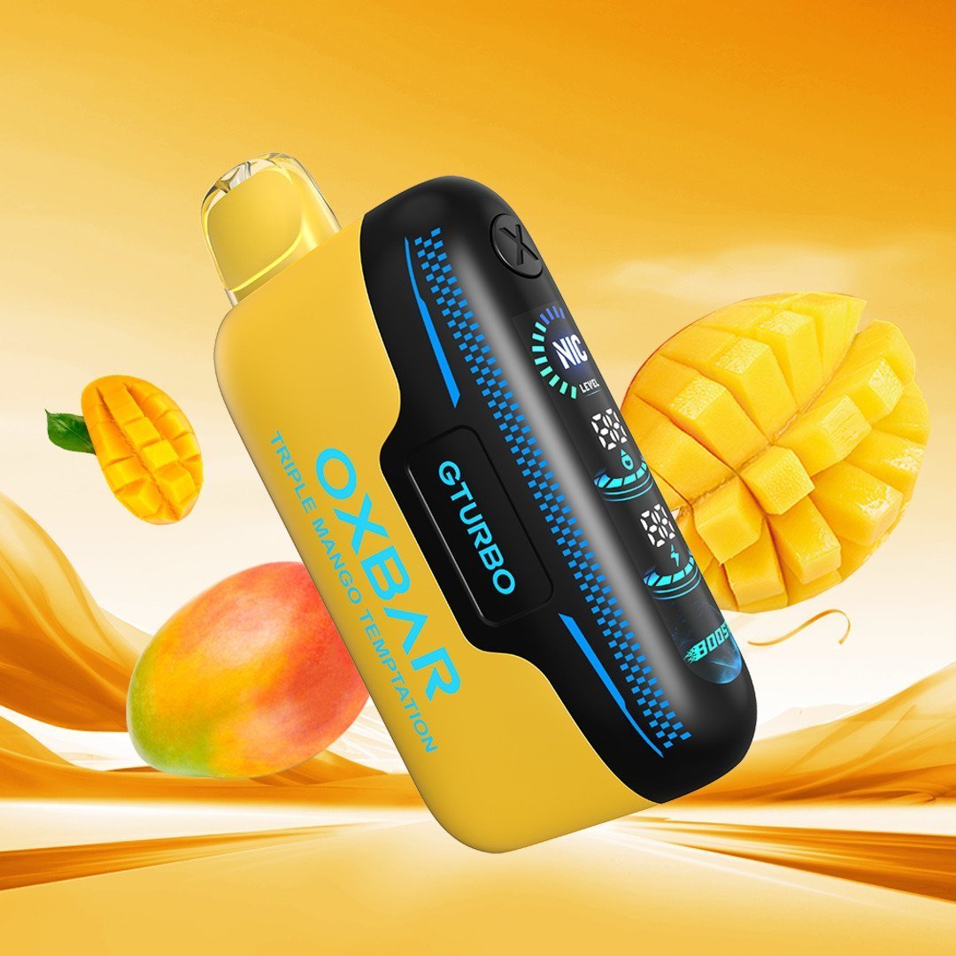 Oxbar Gturbo Triple Mango Temptation nicotine vape device with adjustable settings and sleek design.