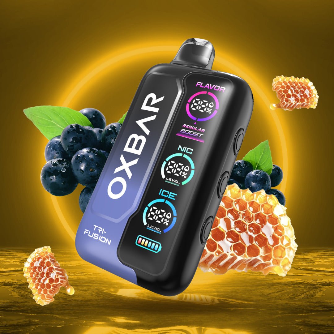 Oxbar Tri-Fusion 50K supplement bottle featuring Honey Blackcurrant flavor, with blackcurrant imagery and product label.