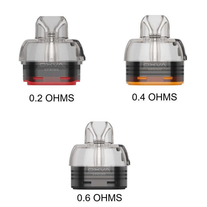 OXVA VPrime replacement pod for vape device, showing the sleek, black cartridge with mouthpiece and fill port.