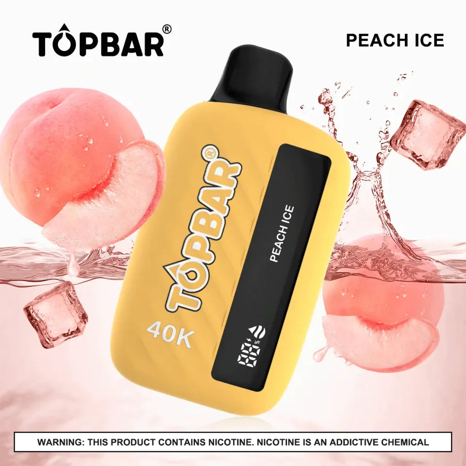 TOPBAR 40K Peach Ice 5% vape device in a peach and ice flavor, with sleek design and vibrant color details.
