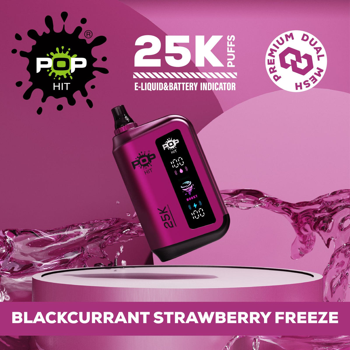 Pop Hit Blackcurrant Strawberry Freeze vape with 25,000 puffs, 5% nicotine, featuring blackcurrant and strawberry flavors.