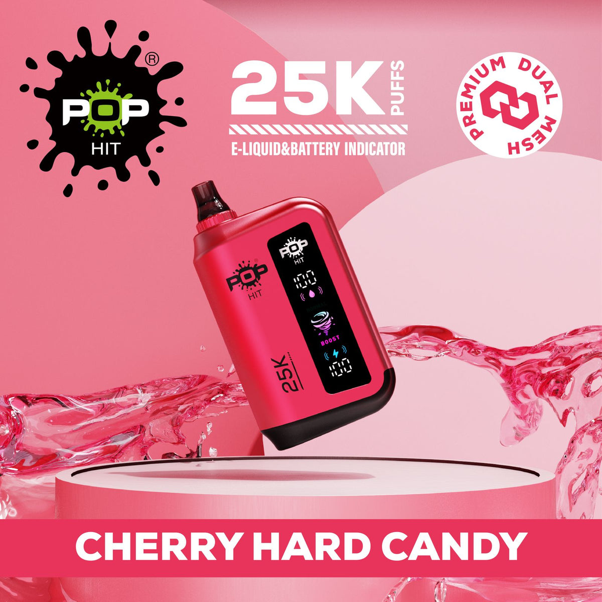 Pop Hit Cherry Hard Candy with 25,000 puffs, 5% nicotine, featuring vibrant cherry flavor and colorful hard candy design.
