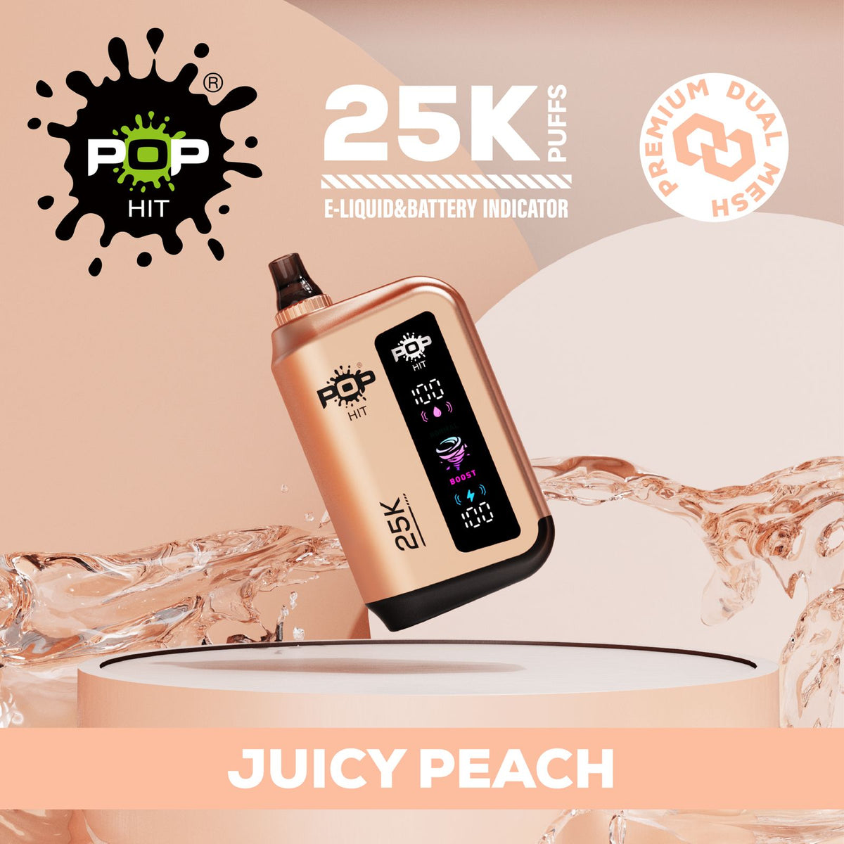 Pop Hit Juicy Peach vape device with 25,000 puffs, featuring colorful packaging and sleek design.