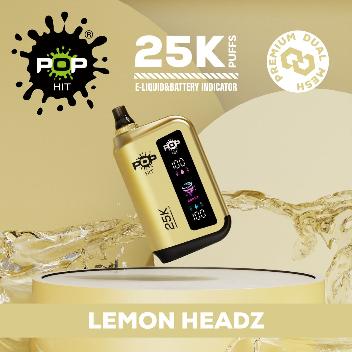 Pop Hit Lemon Heads vape with 25,000 puffs, 5% nicotine, featuring a lemon flavor in a sleek vape device.