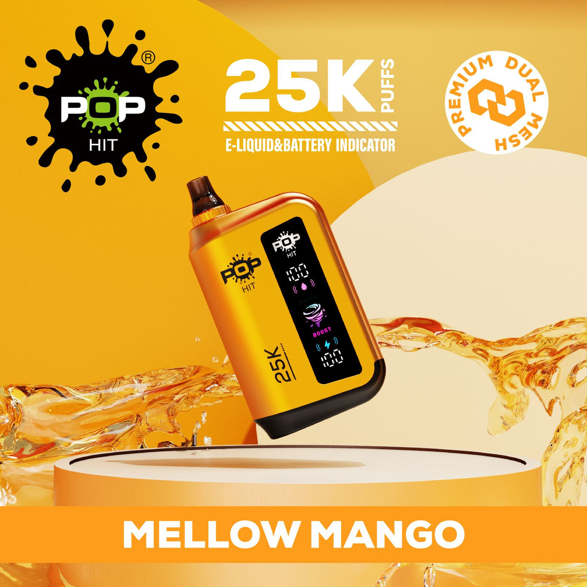 Pop Hit 25000 Puff 5% Mellow Mango vape device showing colorful design and product branding.