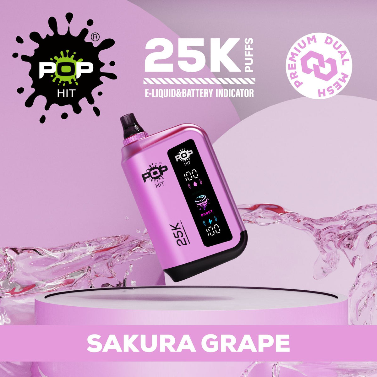 Pop Hit Sakura Grape disposable vape with 25,000 puffs and 5% nicotine, featuring a sleek design and colorful Sakura Grape flavor.