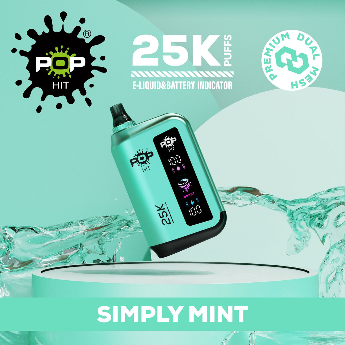 Pop Hit Pop Hit 25000 Puff 5% vape device with Simply Mint flavor, showcasing the sleek design and mint-infused flavor.