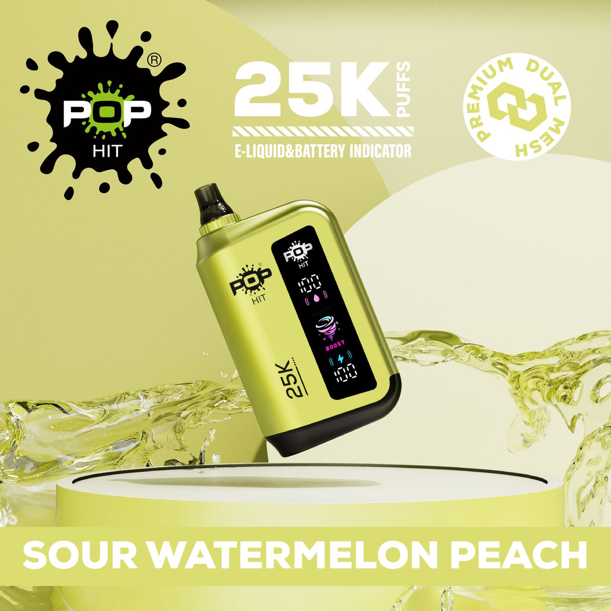 Pop Hit Sour Watermelon Peach vape pen with 25,000 puffs and 5% nicotine, featuring a colorful, fruity flavor design.