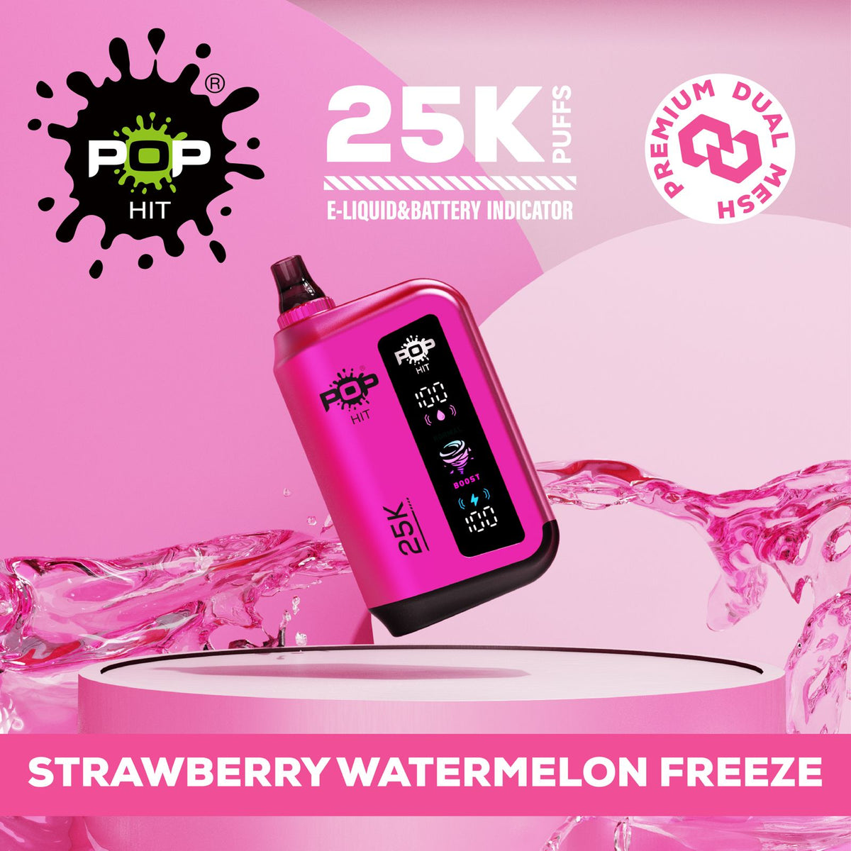 Pop Hit Strawberry Watermelon Freeze vape pod with 25,000 puffs and 5% nicotine, featuring vibrant strawberry and watermelon flavors.