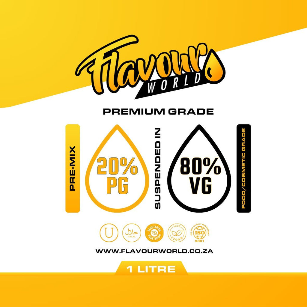 Bottle of PG & VG premixed e-liquid base with 80% VG and 20% PG from Flavour World, suitable for DIY vaping blends.