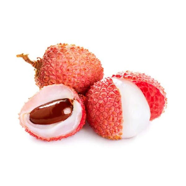 Fresh RAW lychee fruit from Flavour World SA, showing fuzzy red skin and juicy white flesh inside.