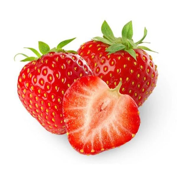 Fresh RAW strawberries from Flavour World SA, vibrant red berries with green leaves on a white background.