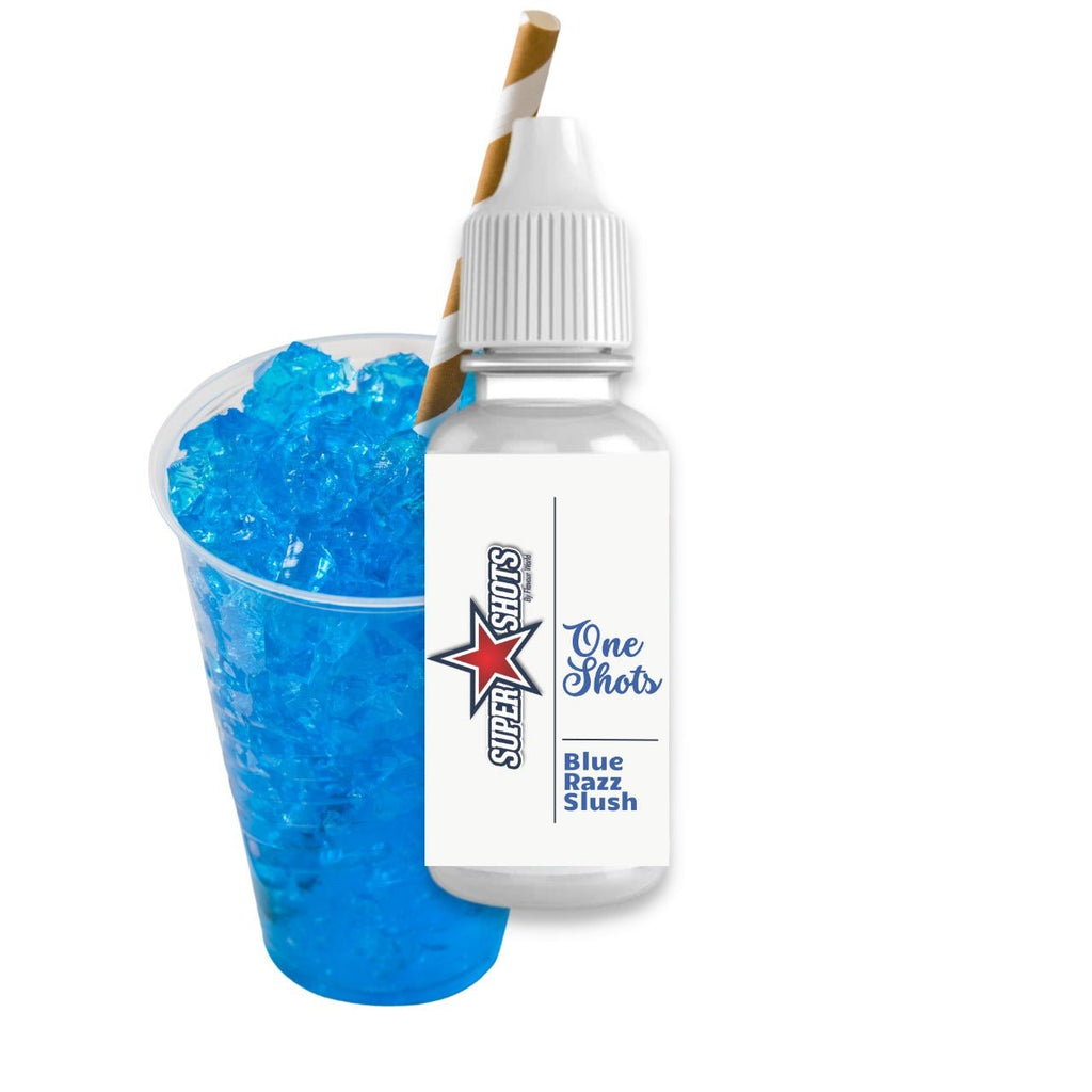 Blue Raz Slush from Flavour World SA in a clear plastic cup, vibrant blue color with ice and straw for a refreshing frozen treat.