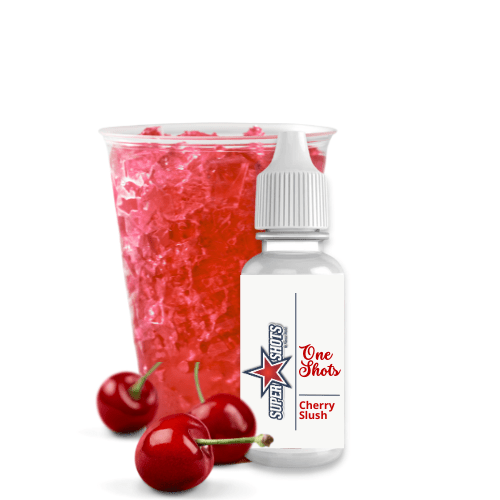 One Shot Cherry Slush flavor shot in a small bottle, designed for adding cherry flavor to beverages or desserts.