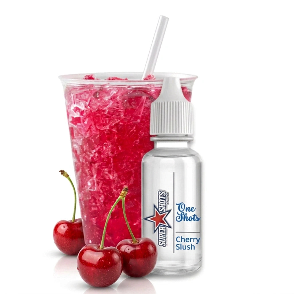 Cherry Slush One Shot flavor by One Shot, showing a vibrant cherry slush drink in a clear container with fresh cherries.