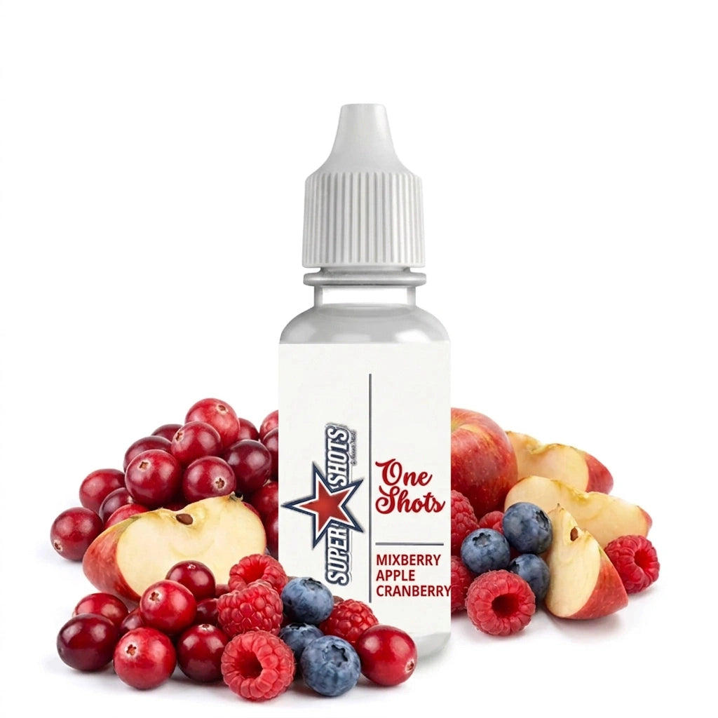 One Shot Mixberry Apple Cranberry Ice One Shot, colorful frozen beverage with berries and fruit slices in a clear glass