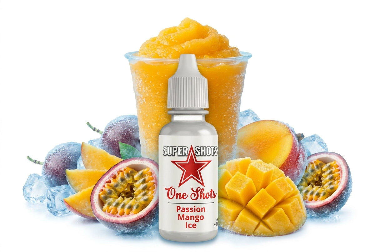 One Shot Passion Mango Ice flavor in cherry slush style, showcasing vibrant, icy mango and cherry visuals in a sleek bottle.