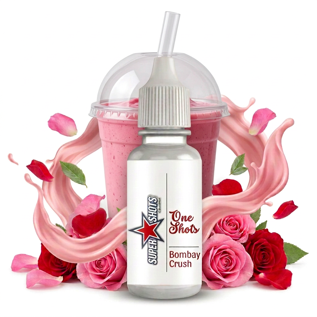 Super Shots One Shot Rose Milkshake Cherry Slush flavor in a clear bottle with pink and white label, ready for mixing.