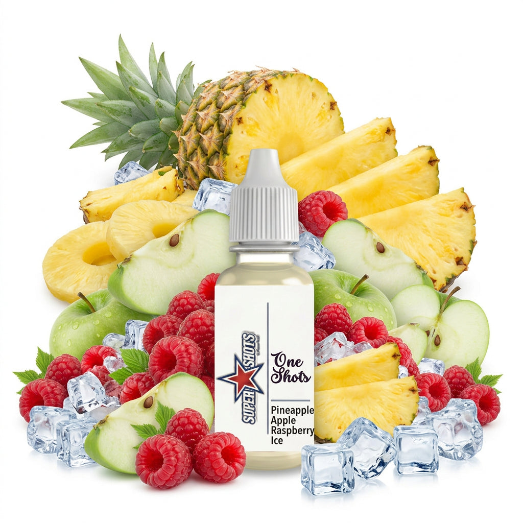 One Shot Pineapple Apple Raspberry Ice flavor shot in a clear bottle with colorful fruit illustrations on the label.