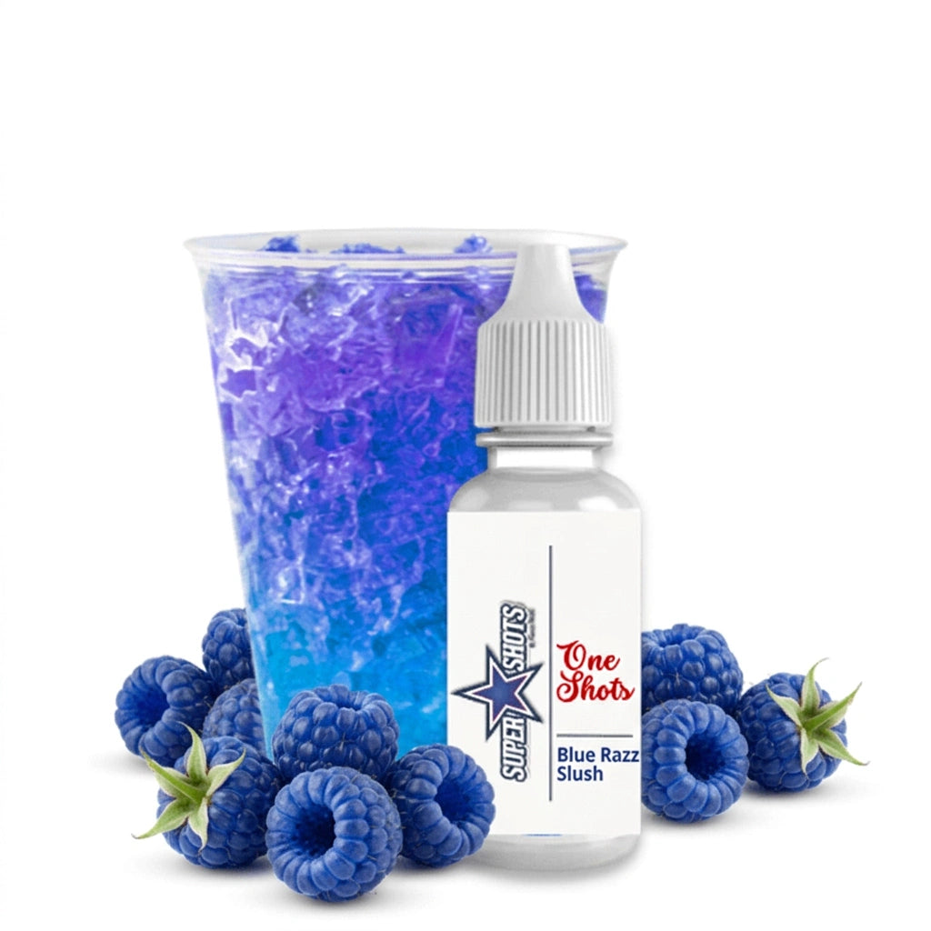 Blue Raz Slush One Shot by Flavour World SA, showing a colorful cherry and blue raspberry flavored slush mix in a small bottle.