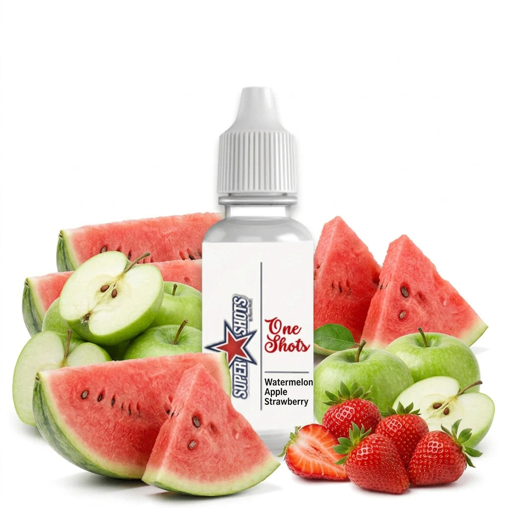 One Shot Watermelon Apple Strawberry Ice flavor shot with cherry slush in a small bottle.
