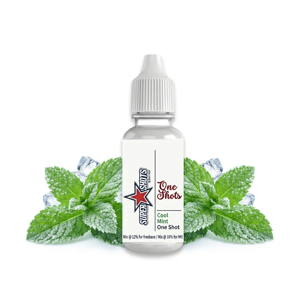 One Shot Cool Mint One Shot e-liquid bottle with mint flavor and vibrant label design.